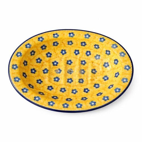 Mydelniczka z 3 otworami – niebieskie kwiaty na żółtym tle - ręcznie malowana ceramika