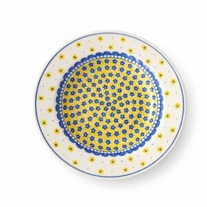Talerz obiadowy głęboki 24 cm – ceramika artystyczna – żółte bratki z niebieskimi akcentami