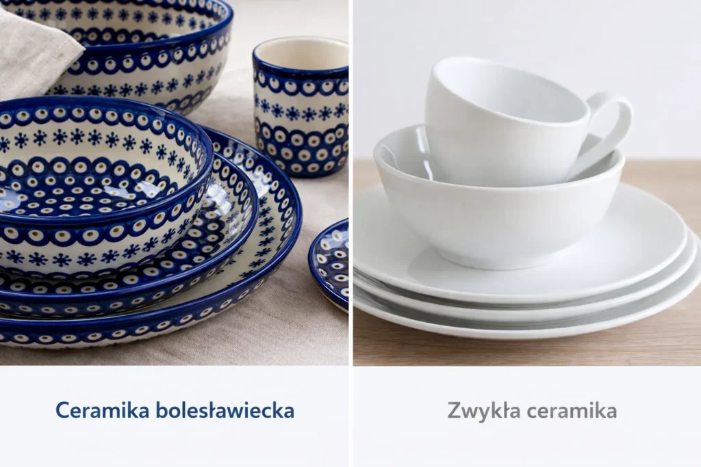 ceramika bolesławiecka z charakterystycznym wzorem pawie oczka w porównaniu ze zwykłą białą ceramiką