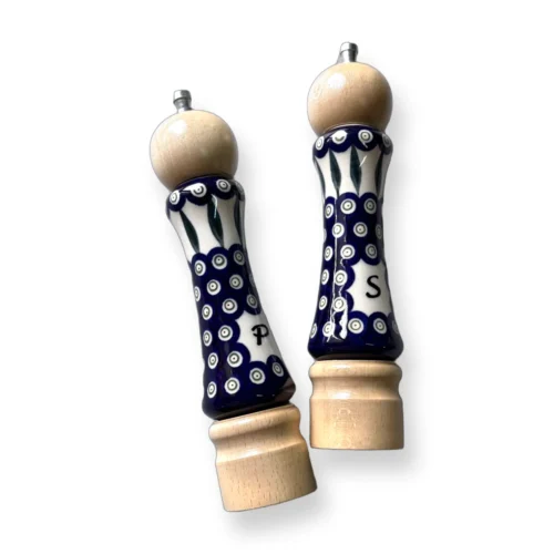 Zestaw młynków ceramicznych 54 z jasnym drewnem – wzór pawie oko