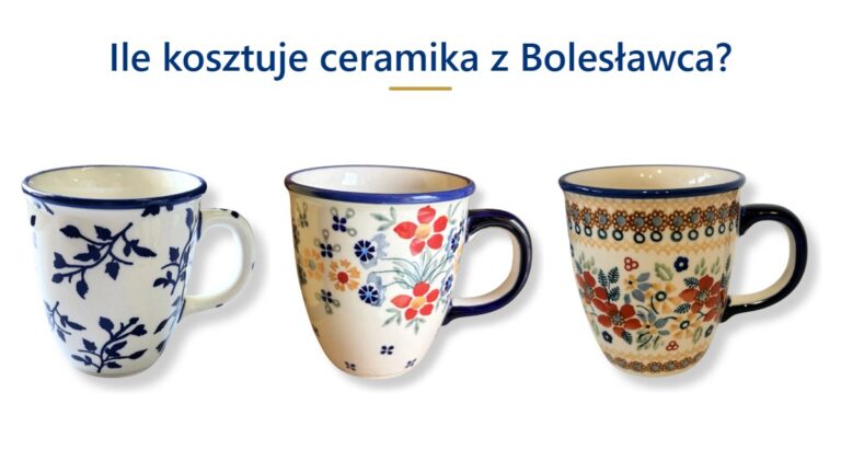 Trzy kubki Mars 300 ml w różnych dekoracjach i tytuł Ile kosztuje ceramika z Bolesławca?